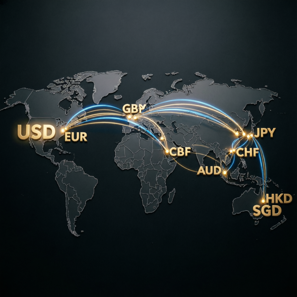Global forex market with currency connections worldwide