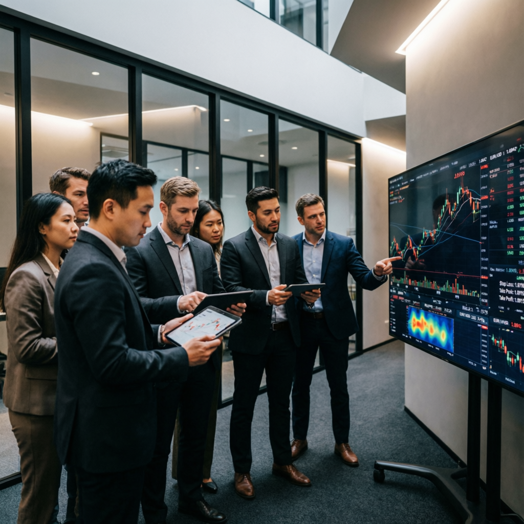 Professional trading team analyzing prop firm challenges