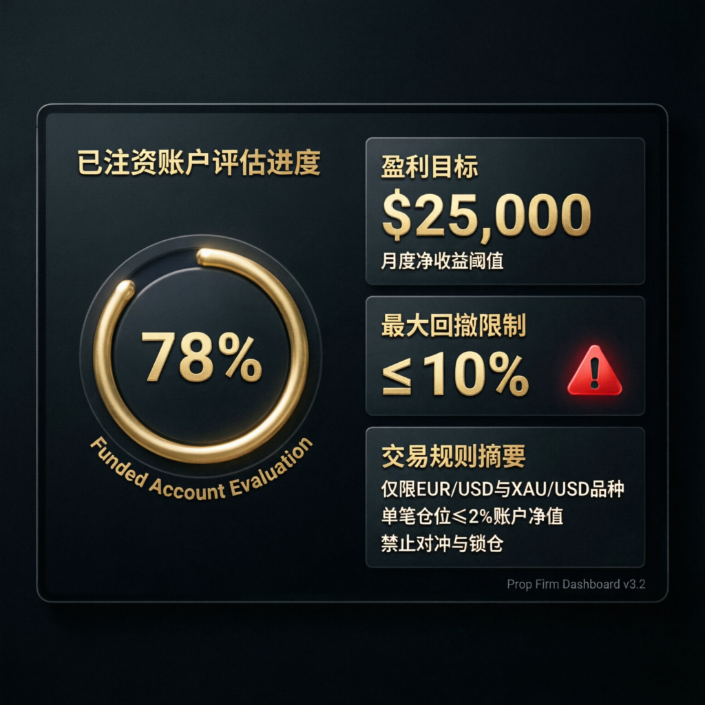 Take Profit Trader funded account evaluation dashboard showing profit target of $25,000, maximum drawdown limit of 10%, and trading rules summary