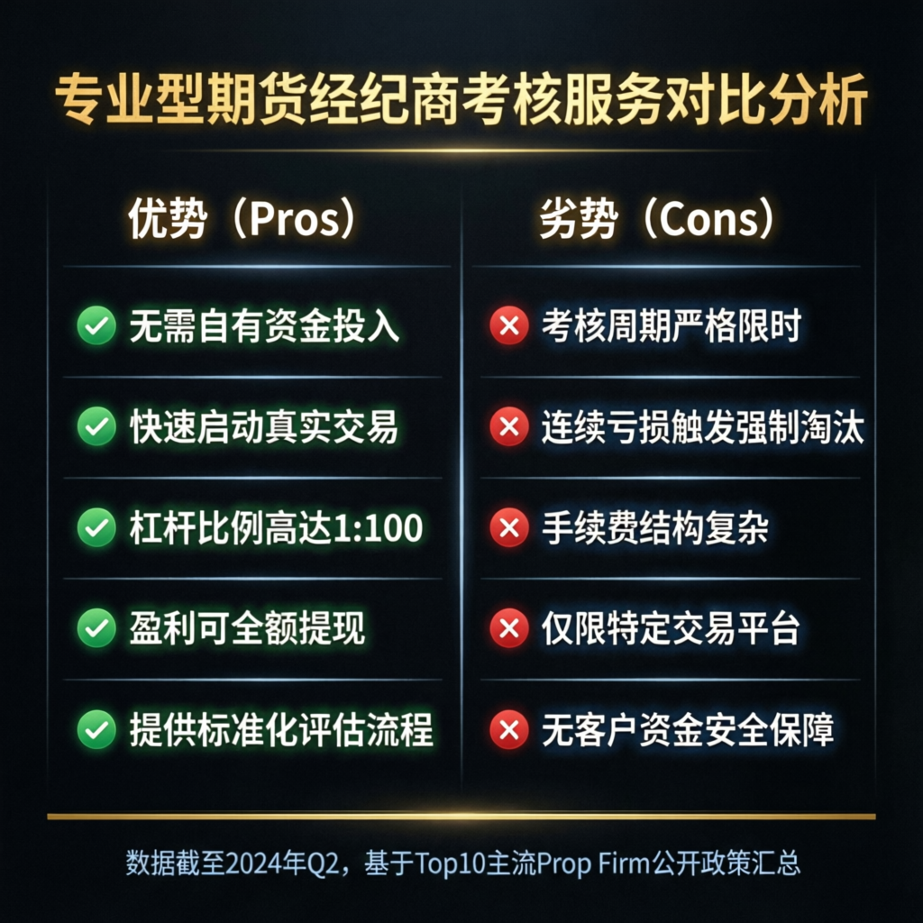 Comparison analysis showing pros and cons of prop firm passing services with advantages in green and disadvantages in red
