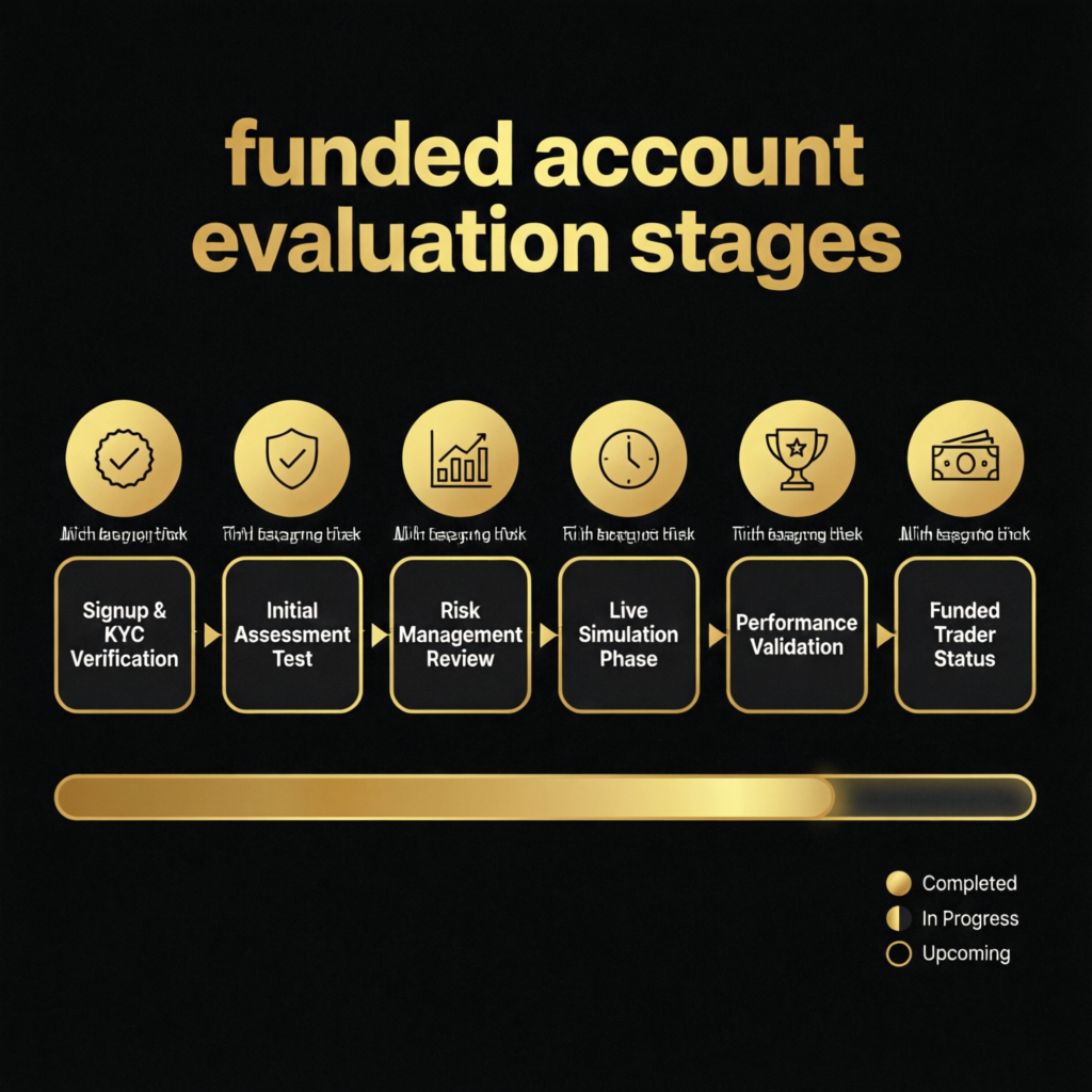 Funded account evaluation stages flowchart showing signup, assessment, risk management, live simulation, performance validation, and funded trader status