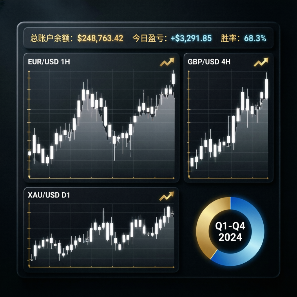 Take Profit Trader professional trading dashboard showing EUR/USD, GBP/USD, and XAU/USD charts with portfolio performance metrics for 2026 funded account trading