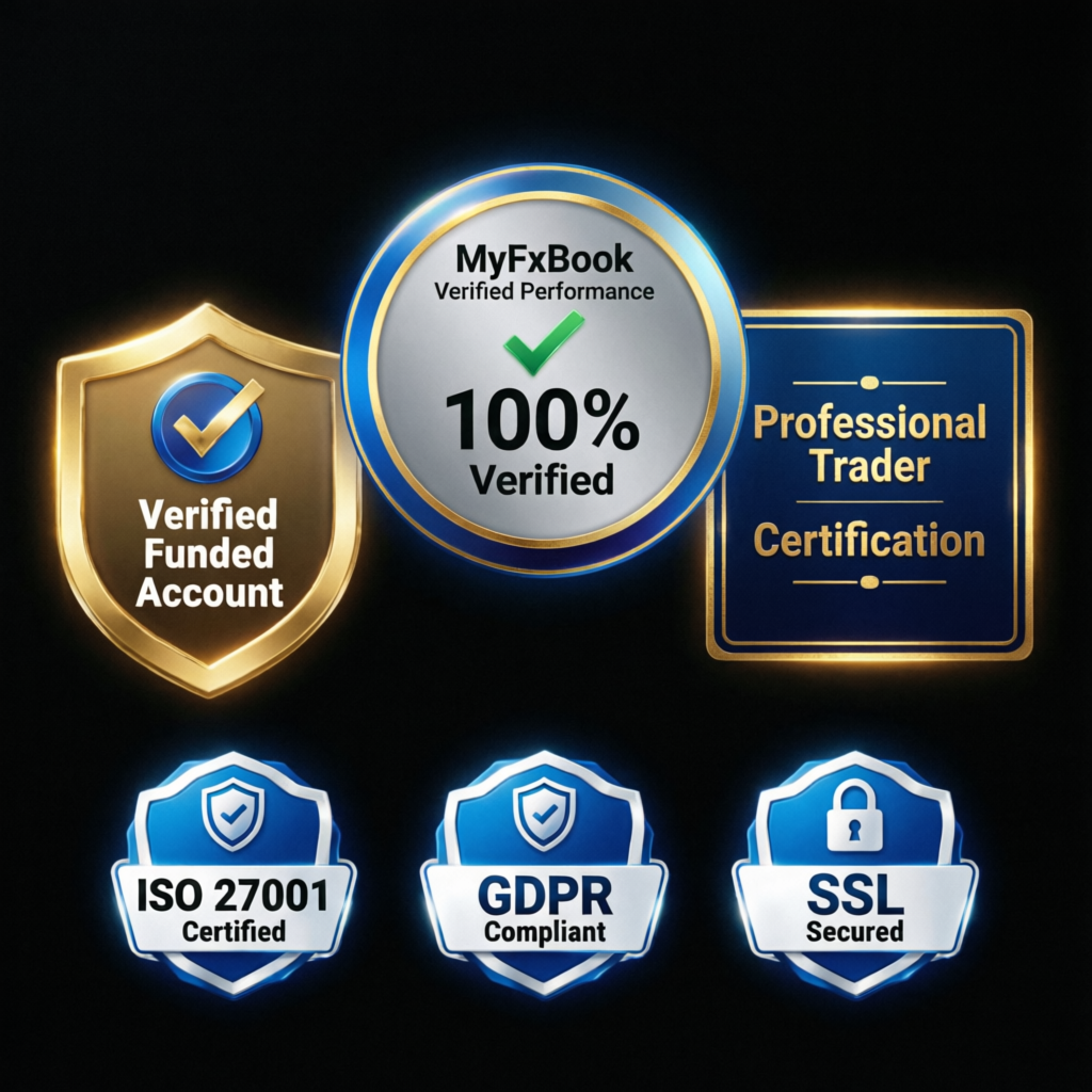 Trust and verification badges including MyFxBook verified performance, verified funded account seal, professional trader certification, and security compliance badges