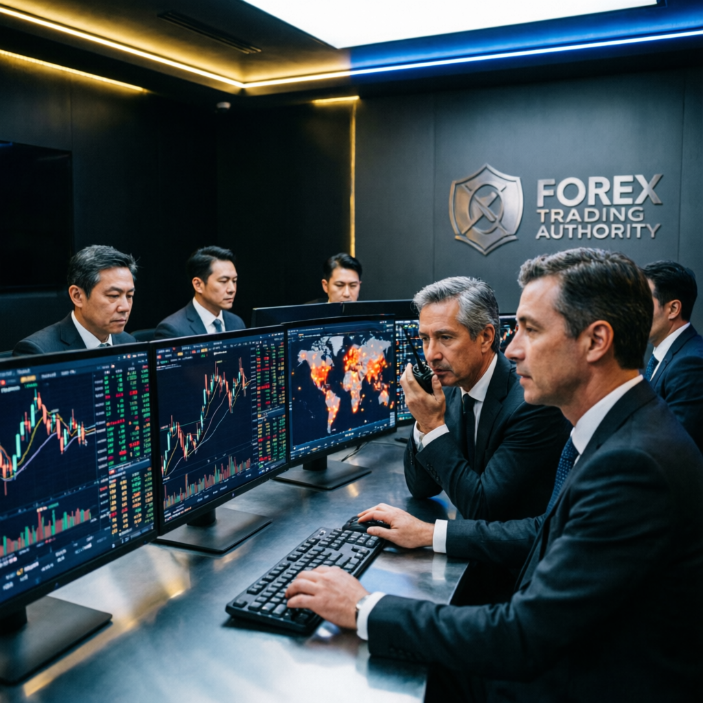 Professional team of expert forex traders in a modern trading room with multiple monitors showing forex charts and global market data