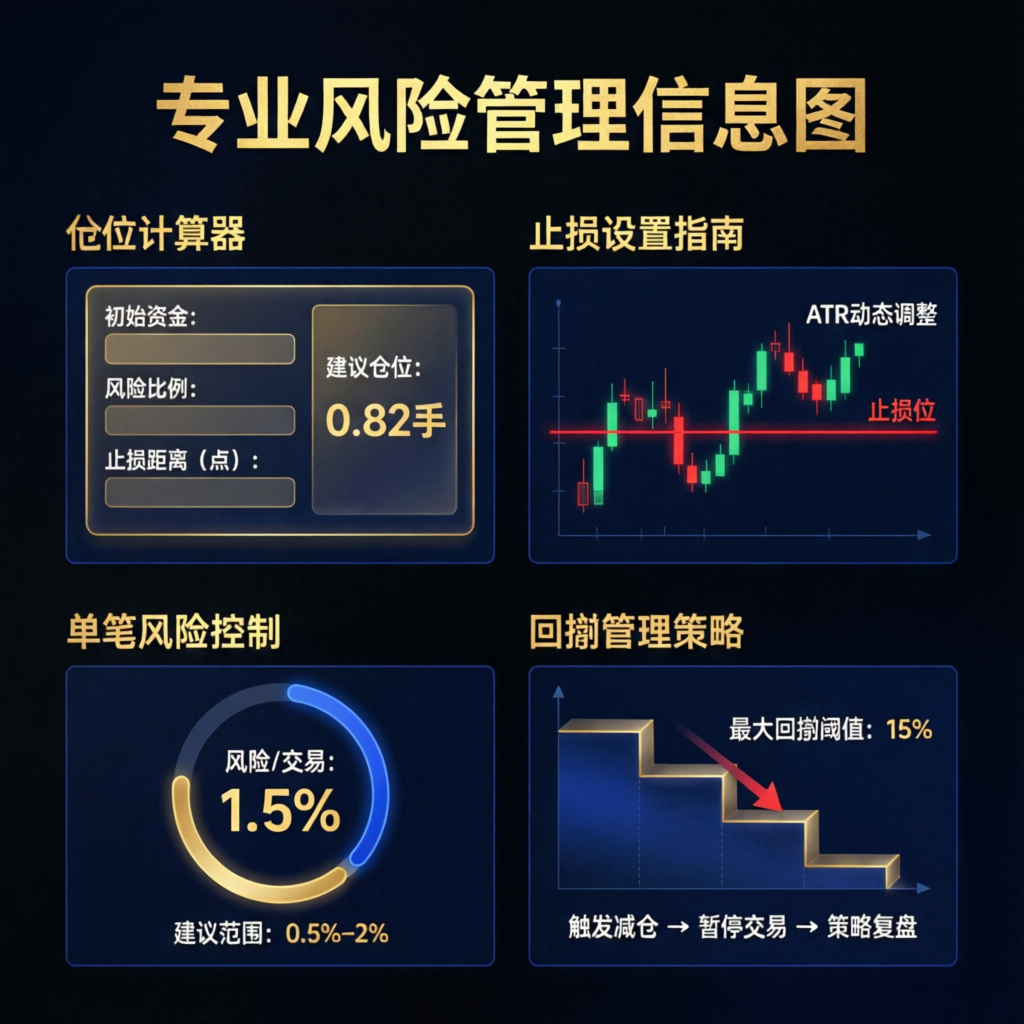 Professional risk management infographic showing position sizing calculator, stop loss placement guide, and drawdown management strategies for take profit trader evaluations