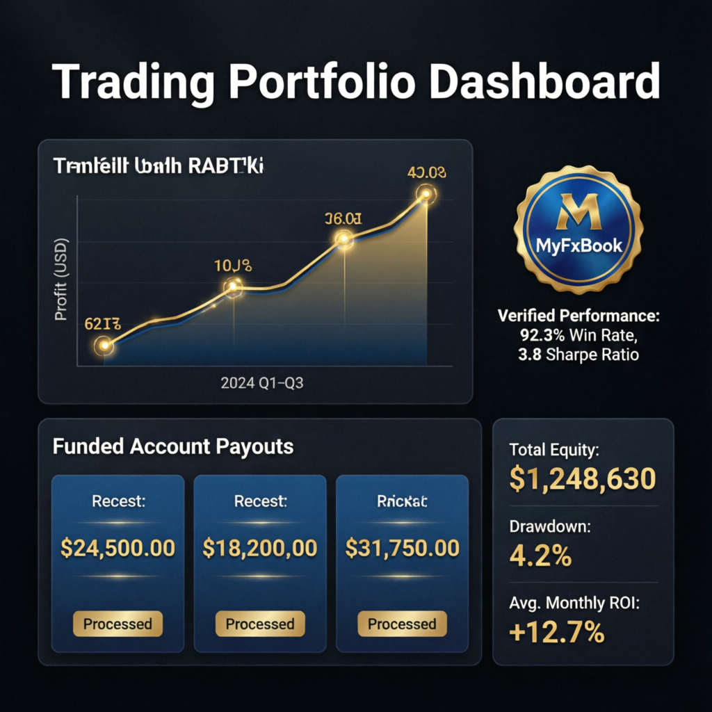 Trading portfolio dashboard showing profit growth chart, MyFxBook verified performance metrics, funded account payouts, and total equity of $1,248,630
