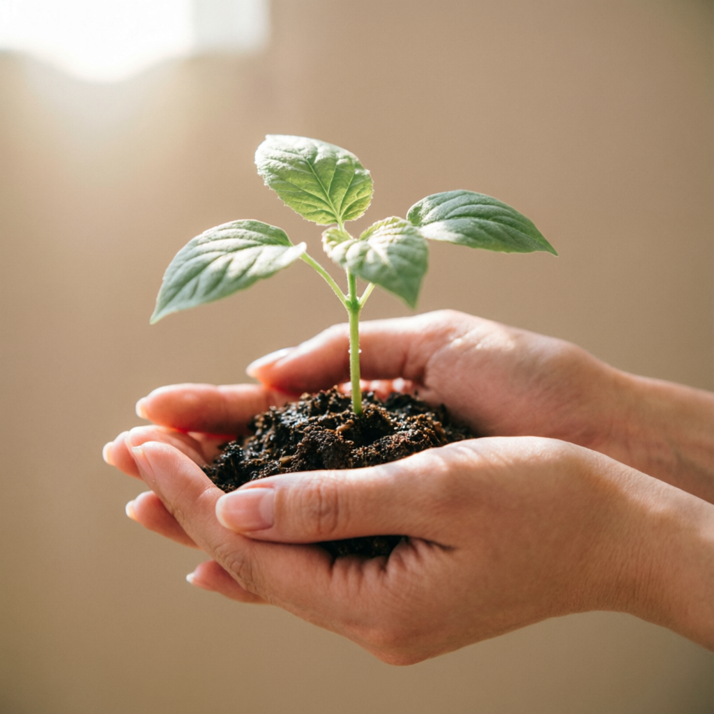Manos sosteniendo una planta - símbolo de crecimiento y cuidado