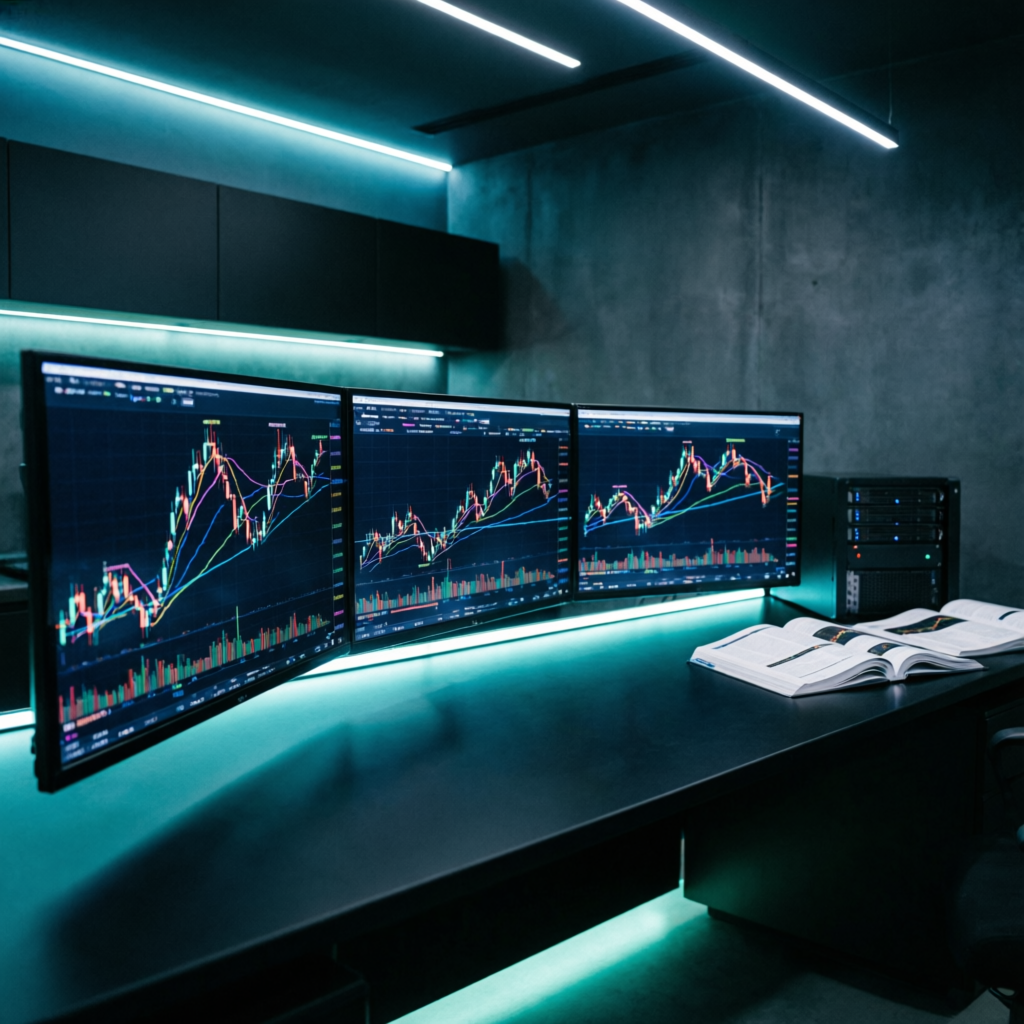 Professional forex trading analysis workspace with multiple screens showing advanced candlestick charts and technical indicators
