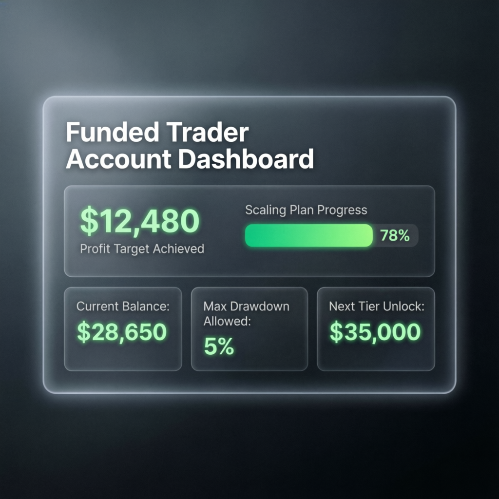 Funded trader account dashboard showing profit targets and scaling plan progress