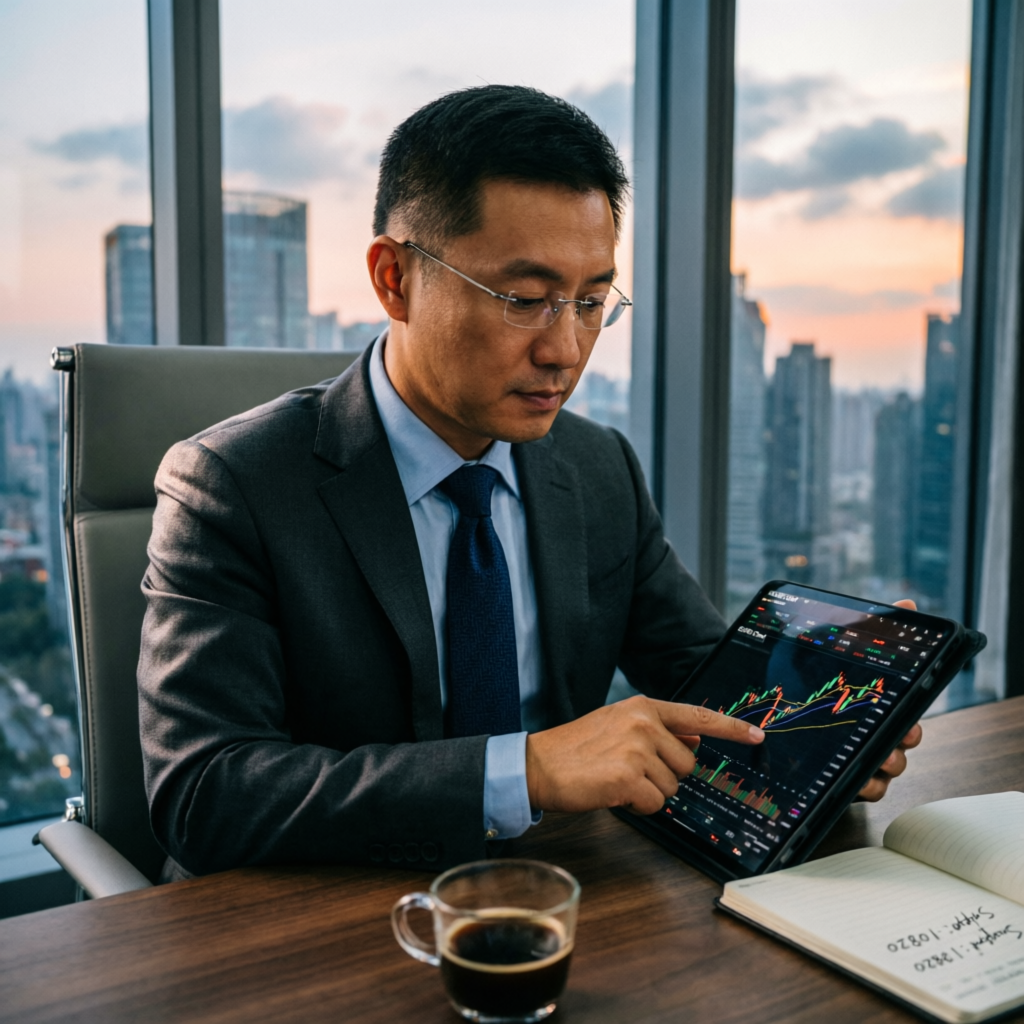 Professional forex analyst reviewing advanced trading charts on tablet device