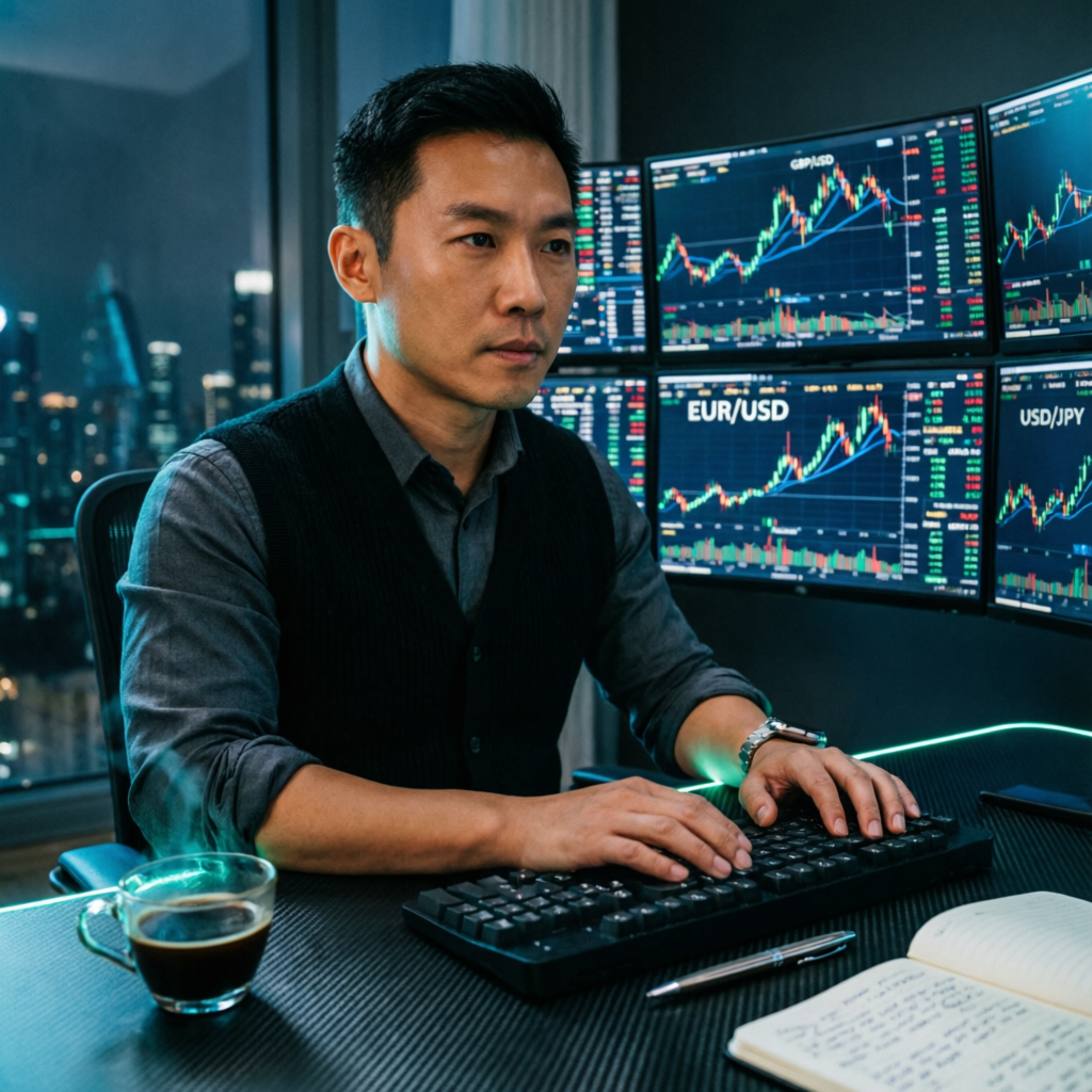 Professional forex trader managing prop firm accounts with advanced trading dashboard