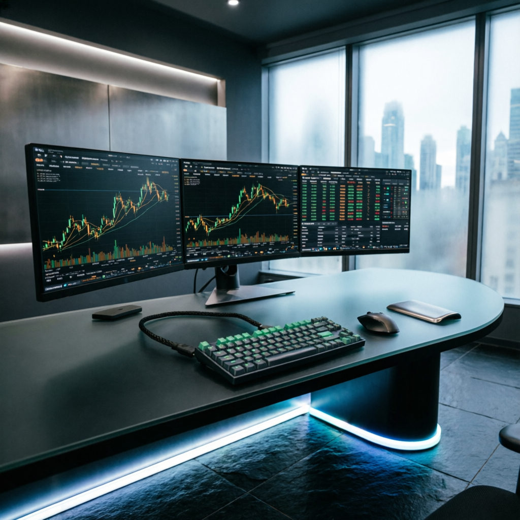 Premium trading setup with multiple curved monitors and professional forex workstation