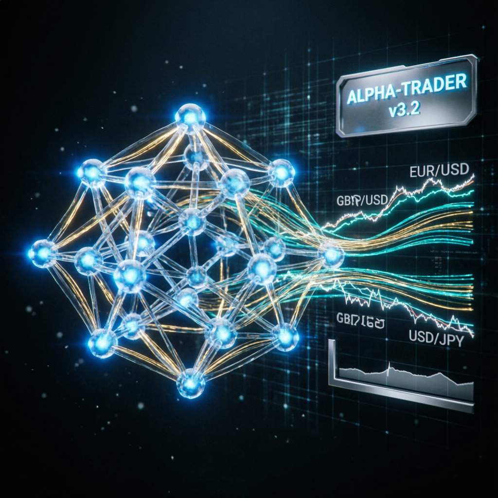Advanced trading algorithm visualization with neural network and forex data streams