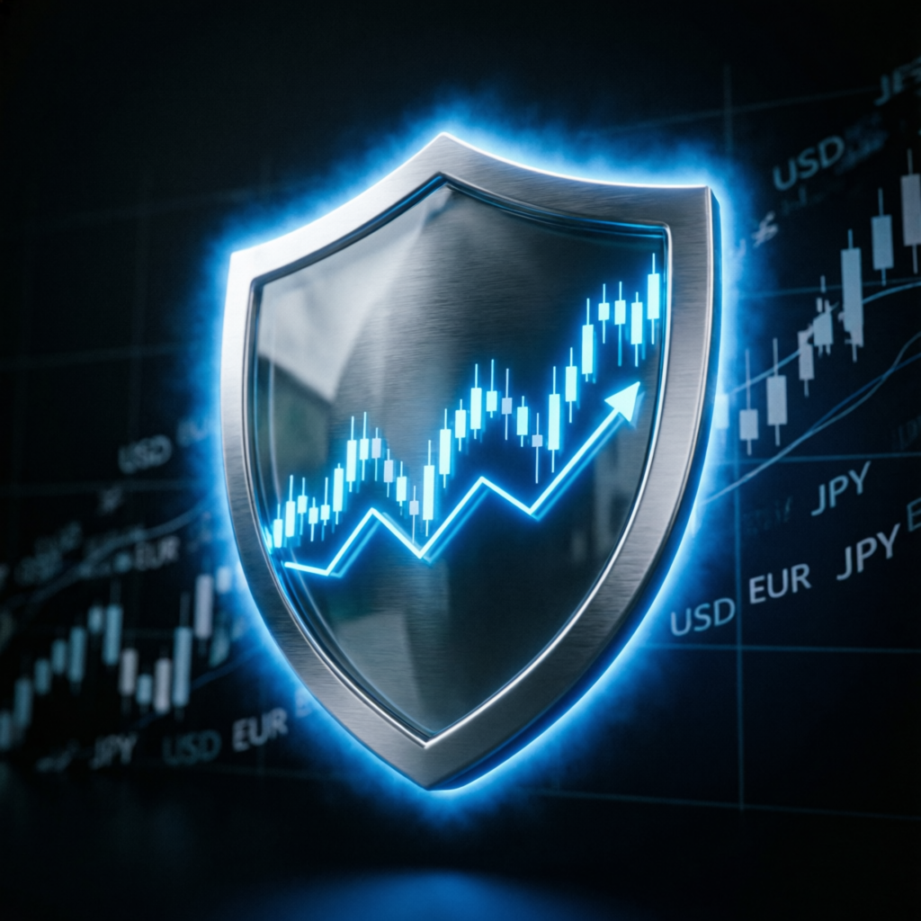 Risk management shield protecting forex trading accounts with advanced security features