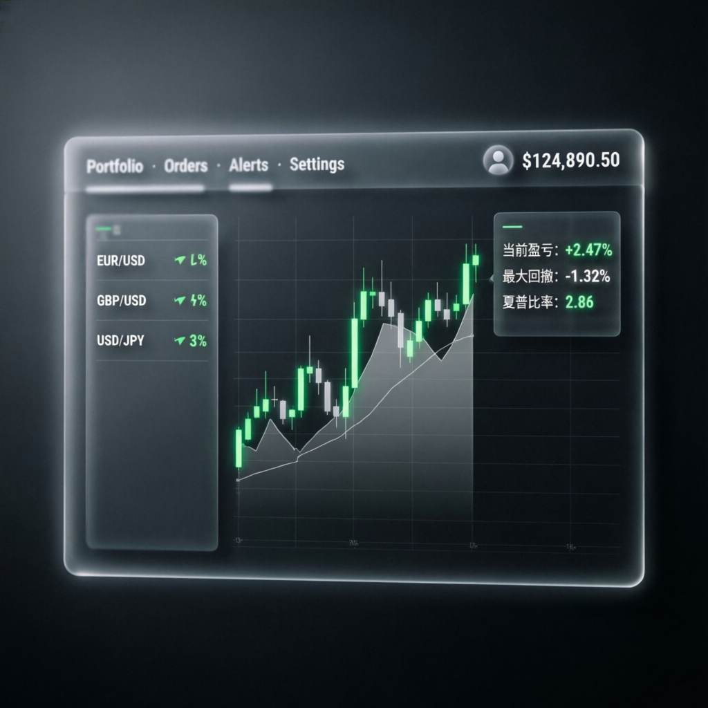 Modern trading dashboard interface showing portfolio management and live forex charts