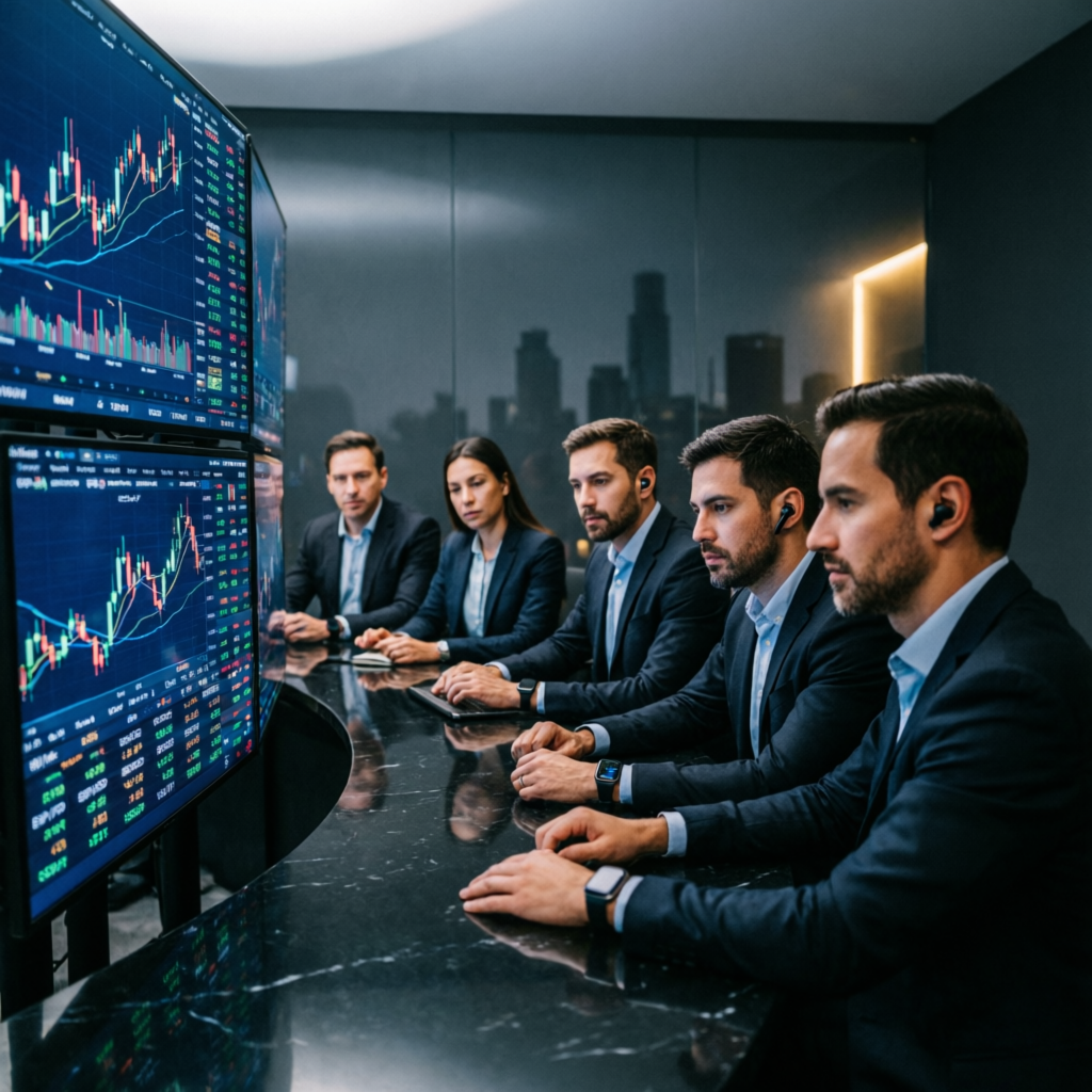 Professional team of forex traders collaborating on prop firm challenge passing strategies