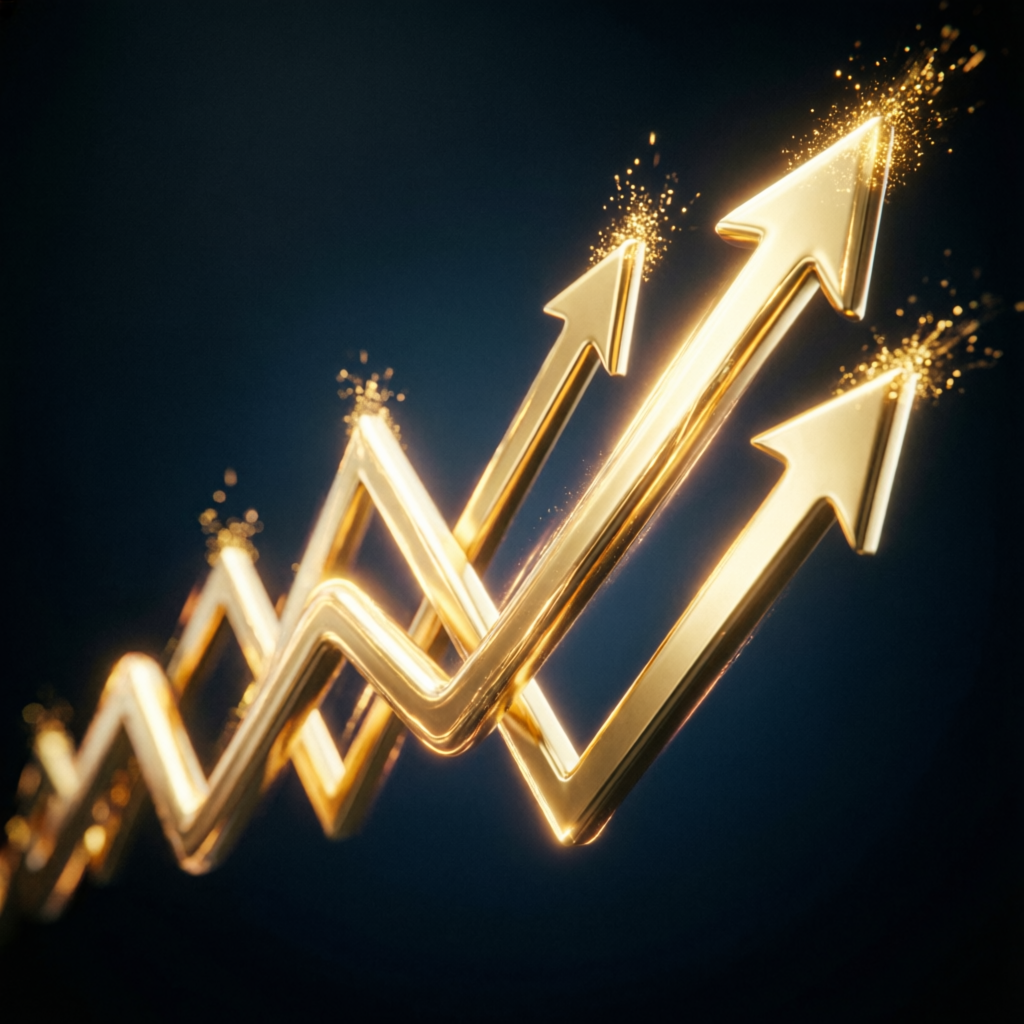 Abstract financial growth concept with rising golden arrows representing prop firm success