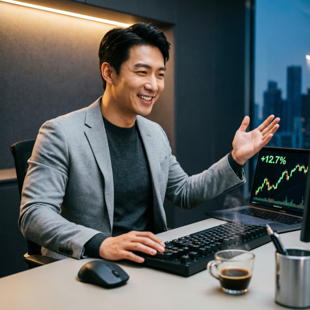 Happy trader celebrating profit success with advanced trading technology