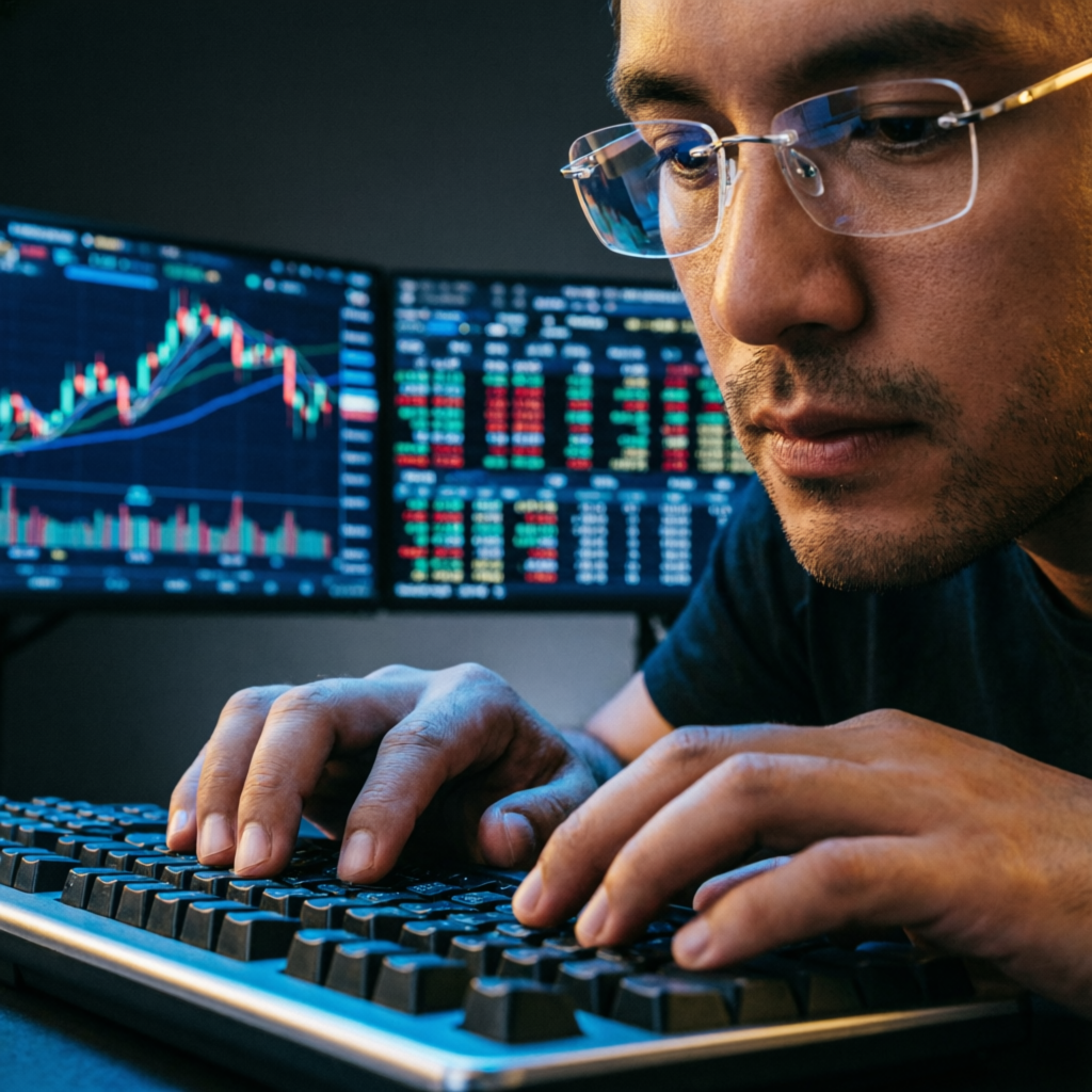 Trader analyzing risk management on multiple screens