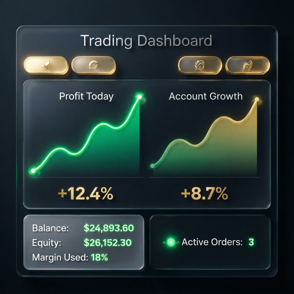 Trading dashboard showing profit metrics and account growth