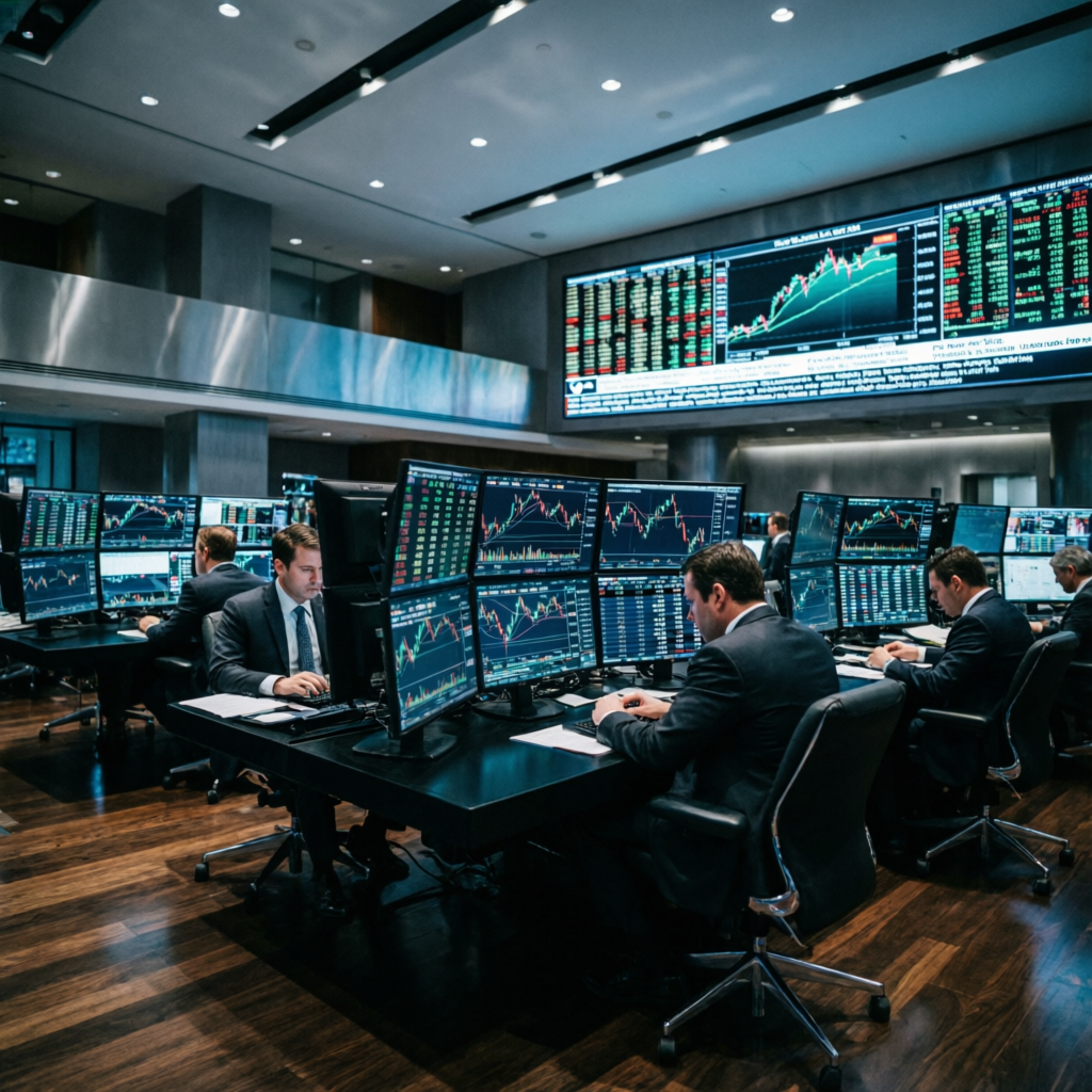 Professional trading floor with multiple traders