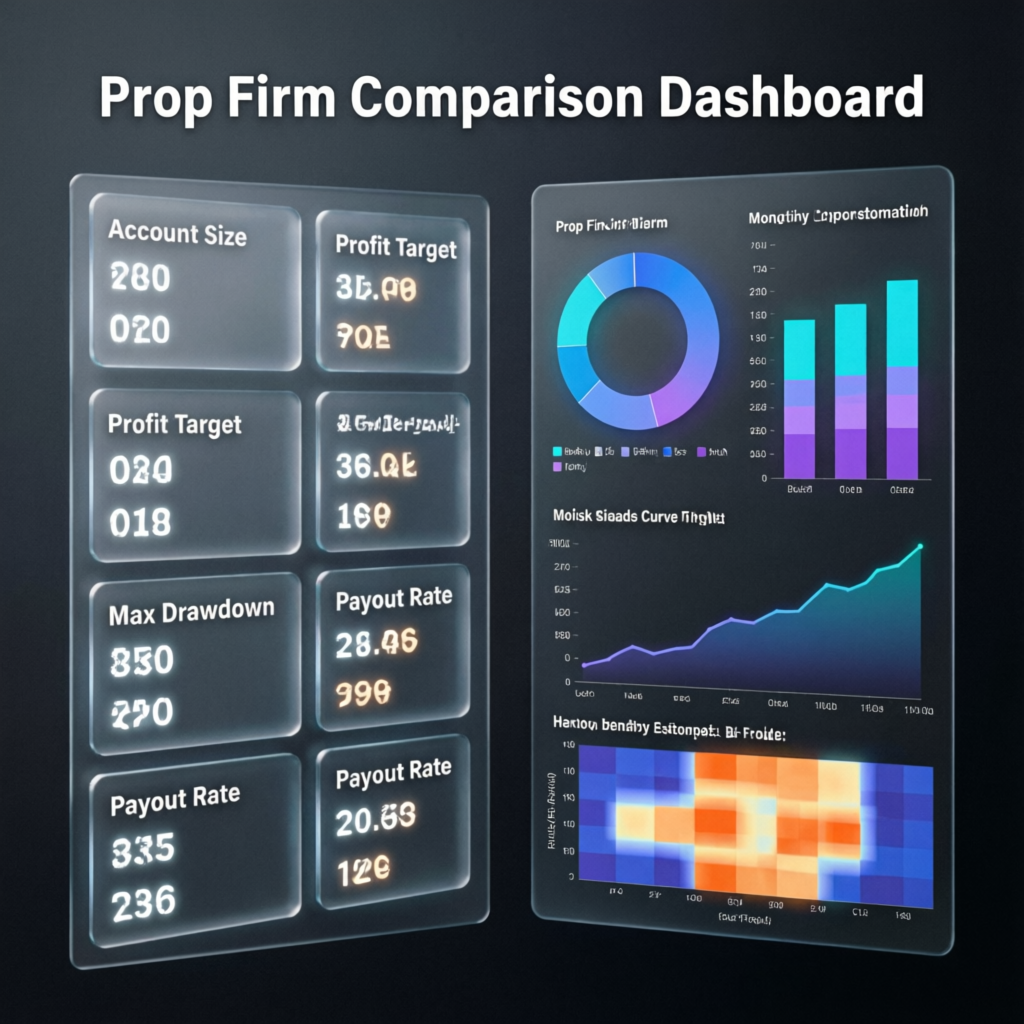Prop firm comparison dashboard showing different account metrics and rules