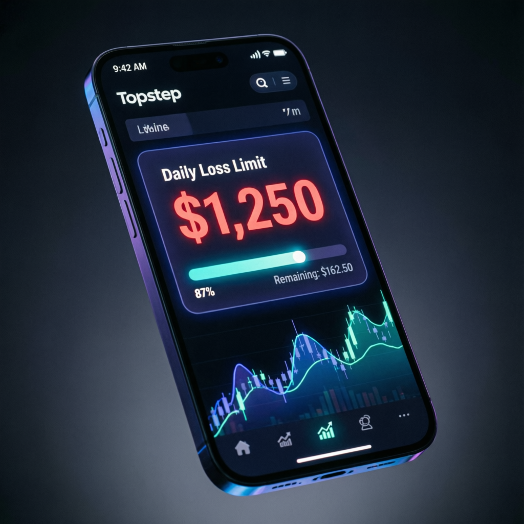 Mobile Topstep dashboard showing daily loss limit of $1,250 with remaining balance