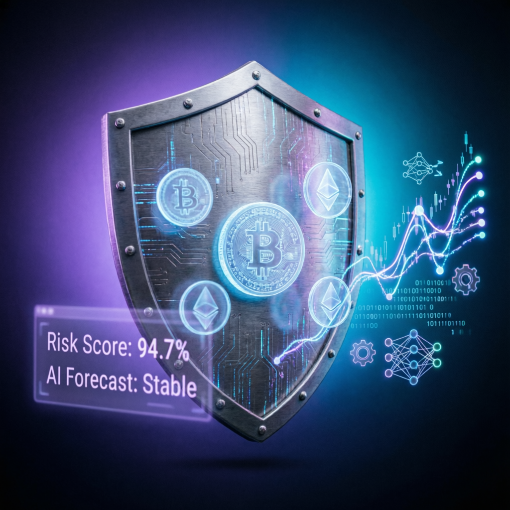 Risk management shield protecting trading capital with AI technology