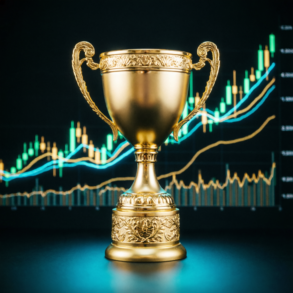 Funded account success celebration with trophy and trading charts