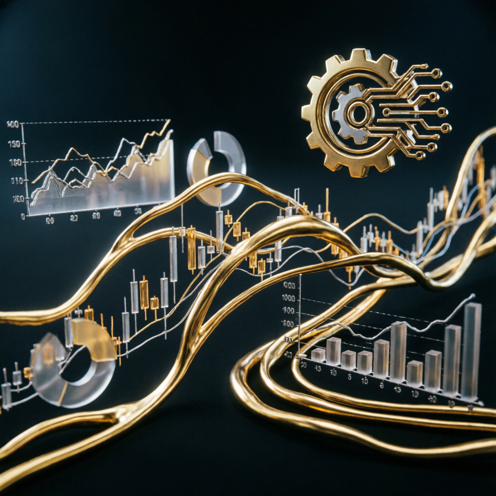 Abstract financial data visualization with golden trading algorithms