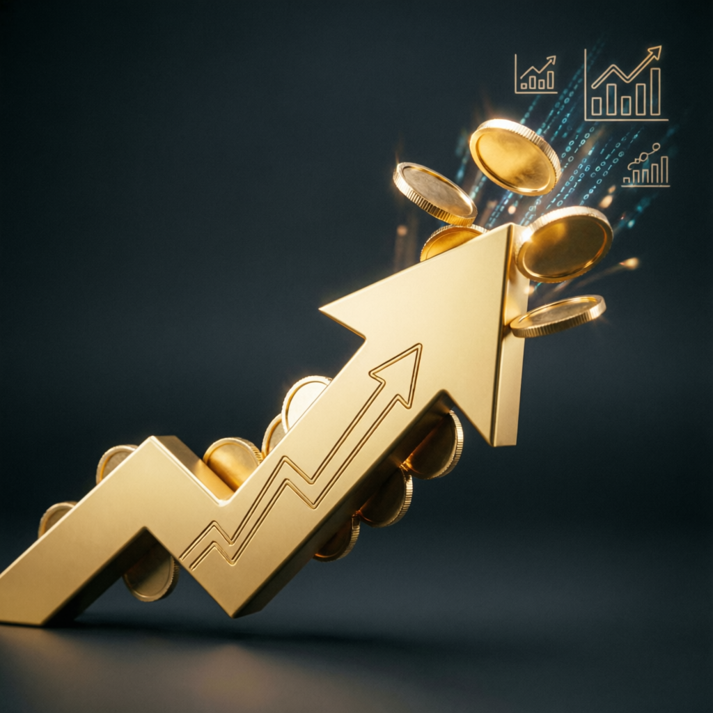 Success celebration with rising profit arrow and gold coins