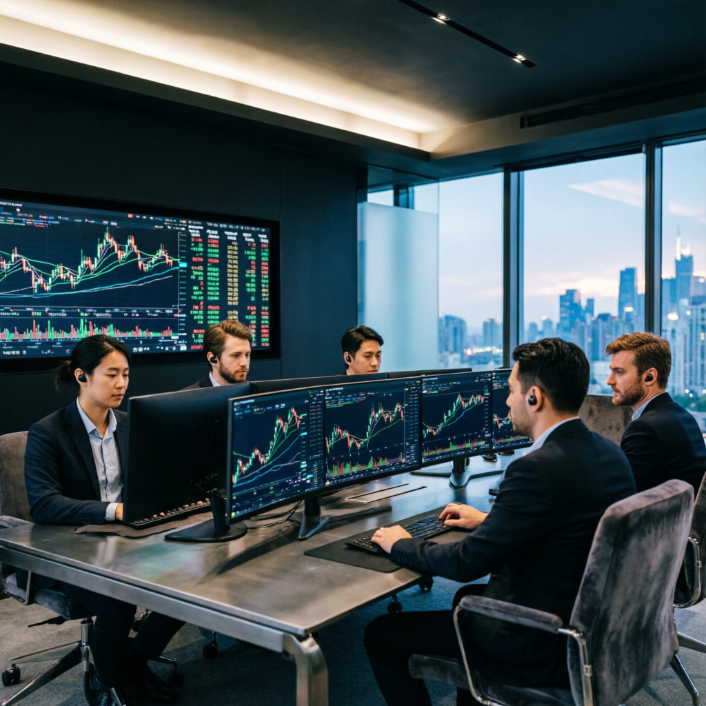 Professional trading team collaborating in modern office with multiple screens