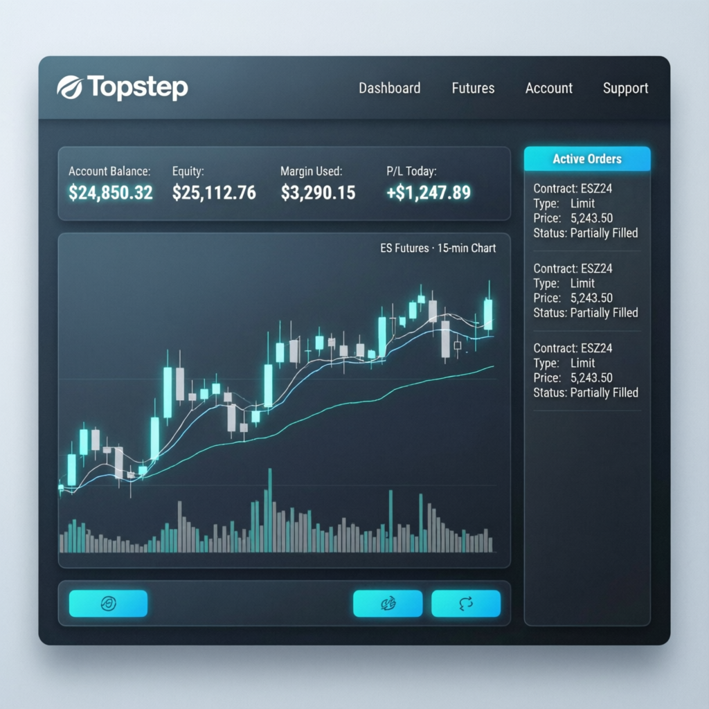 Topstep trading platform dashboard showing futures account balance and active orders