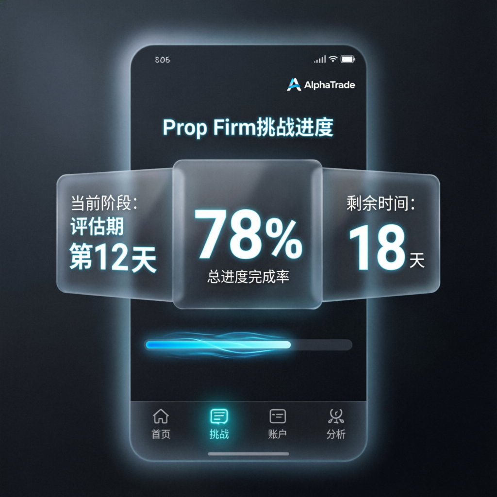 Mobile trading app showing prop firm challenge progress