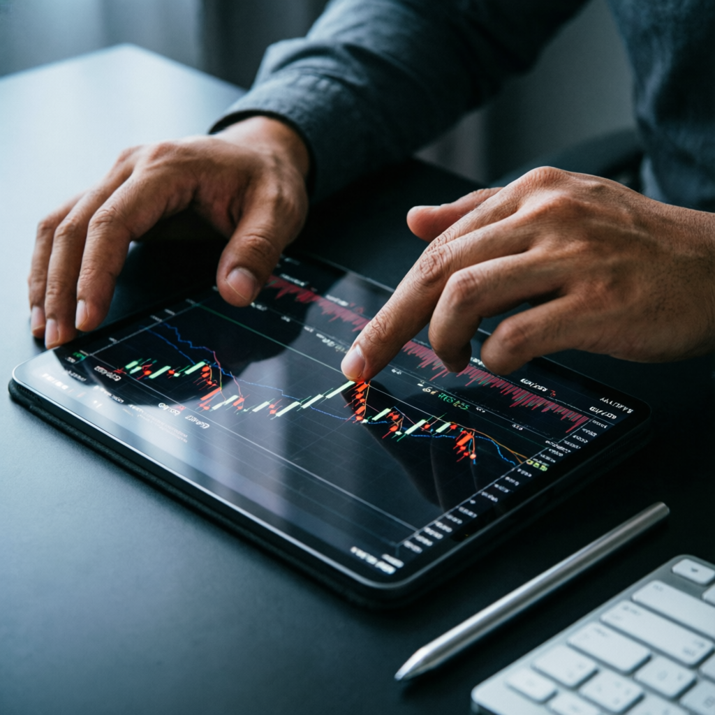 Professional trader analyzing forex charts on tablet device