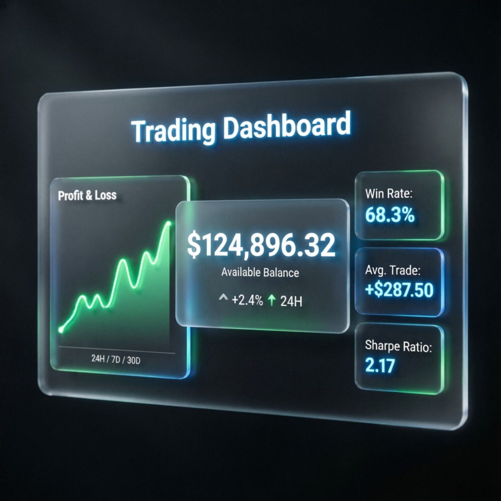 Modern trading dashboard showing profit and loss metrics with win rate statistics