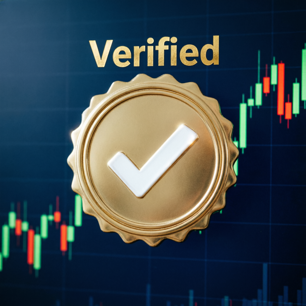 Verified gold seal with checkmark over trading chart background