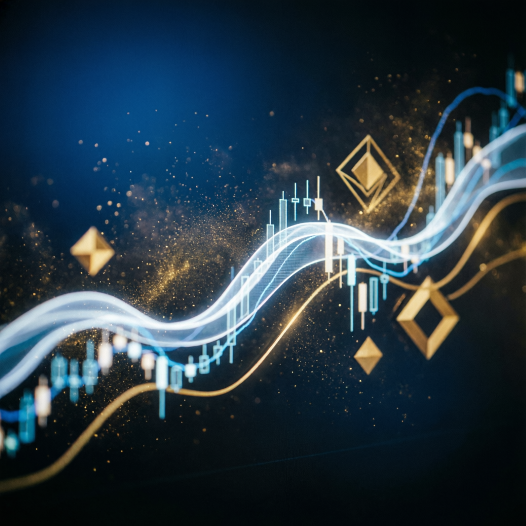 Premium dark abstract financial background with trading charts and golden accents