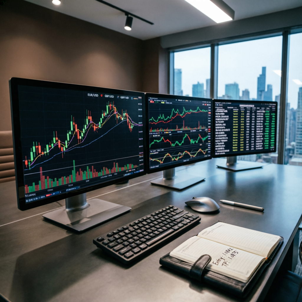 Professional trading desk with multiple monitors showing forex charts