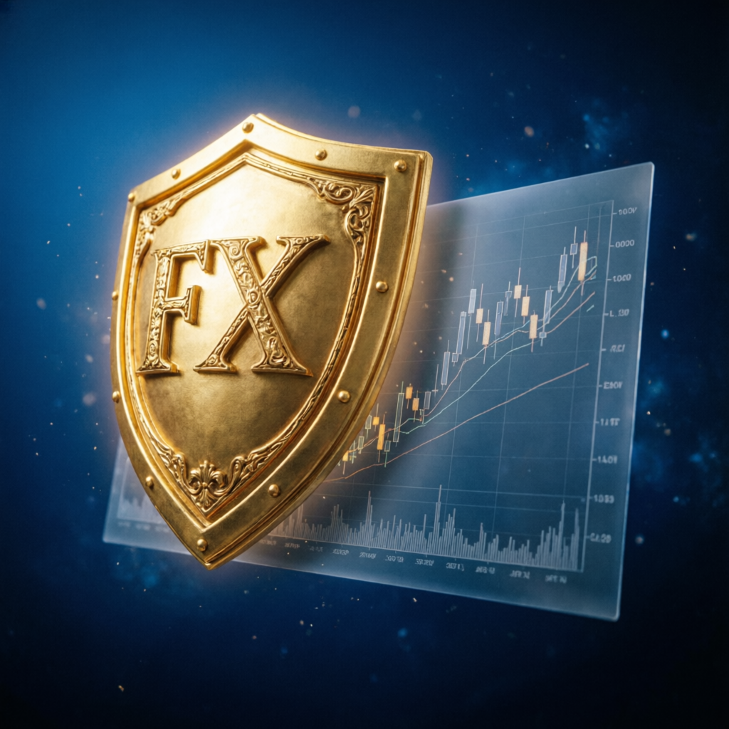 Golden shield protecting forex trading chart representing security and trust