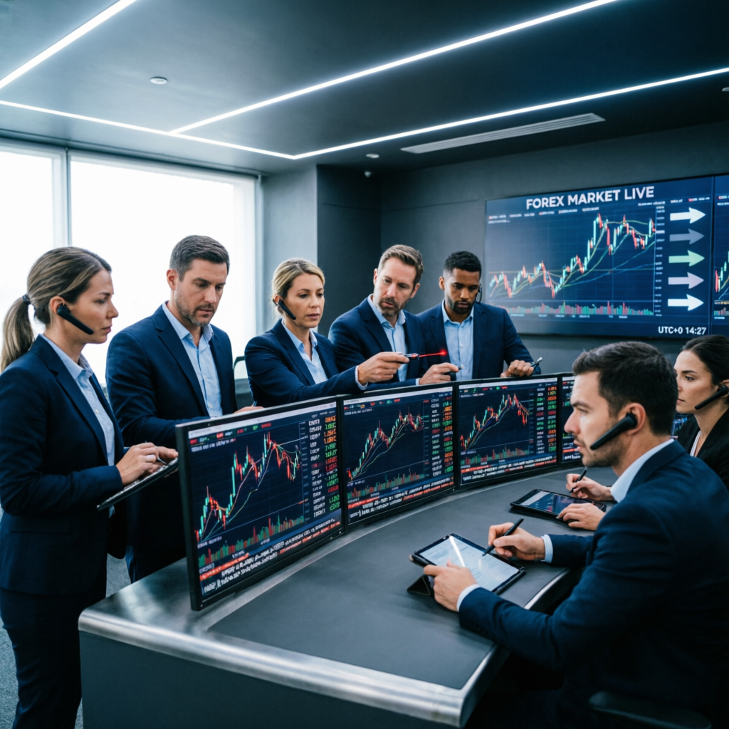 Professional team of forex analysts working together analyzing live market data