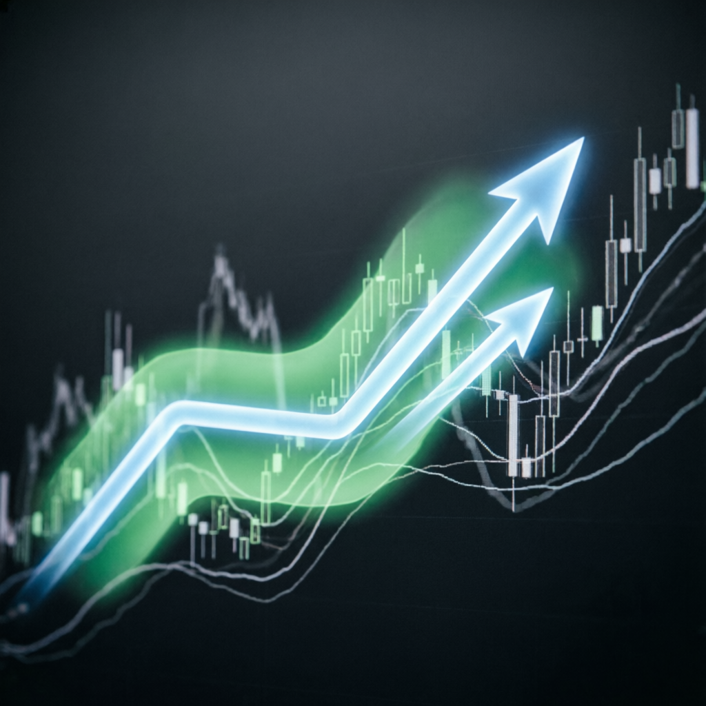 Glowing upward arrows over forex candlestick charts showing profit growth