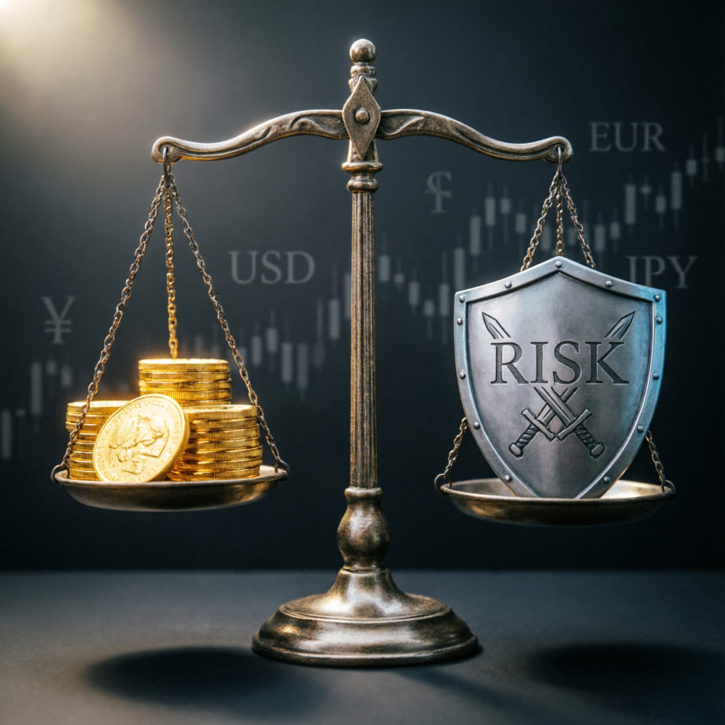 Balance scale weighing gold coins against risk shield for forex trading