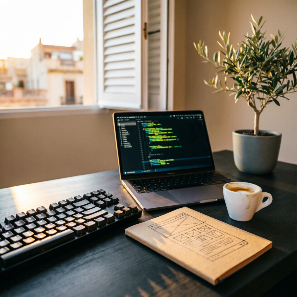 Espacio de trabajo de jrodenasweb en Barcelona, con código en pantalla y luz de atardecer