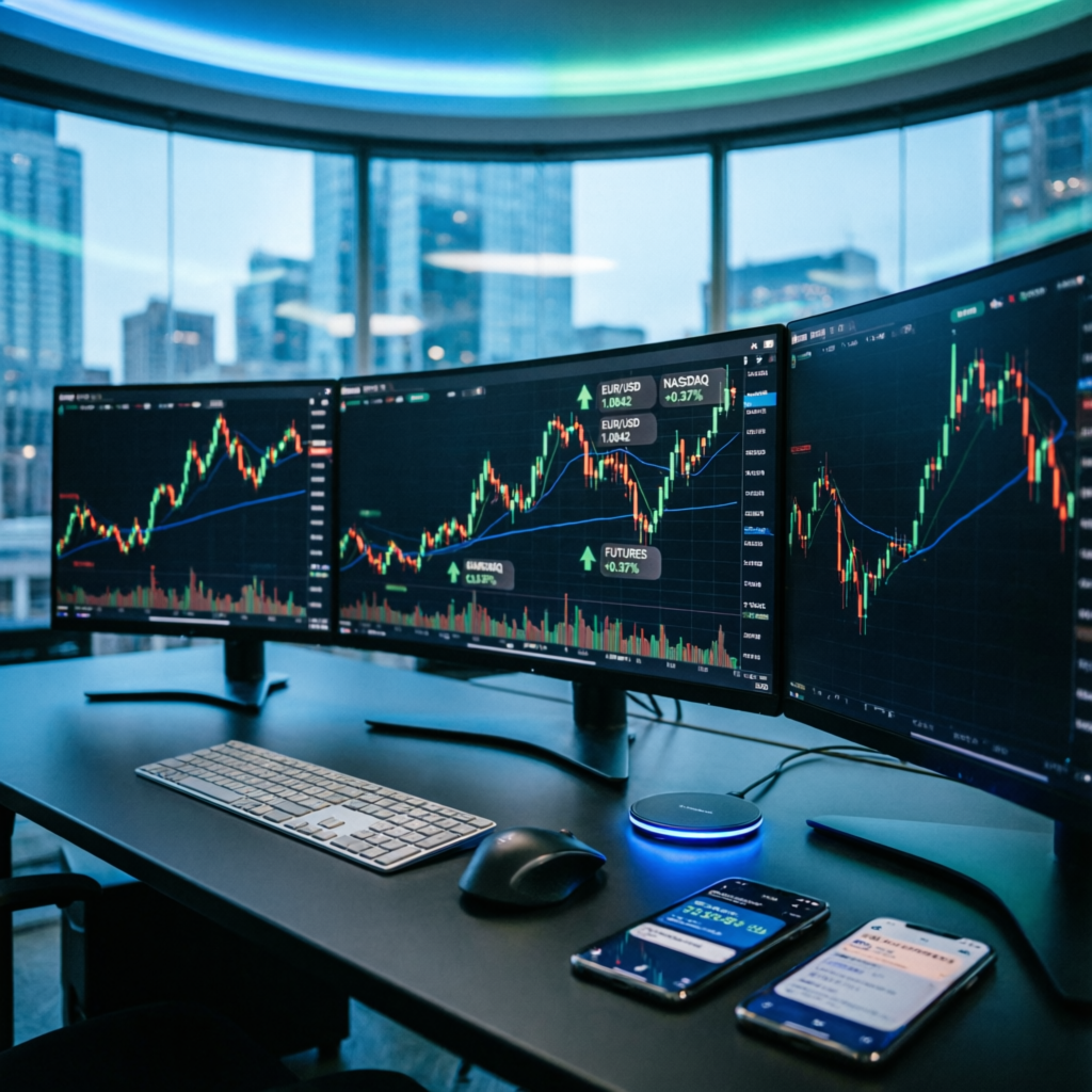 Professional trading desk setup with multiple monitors showing charts