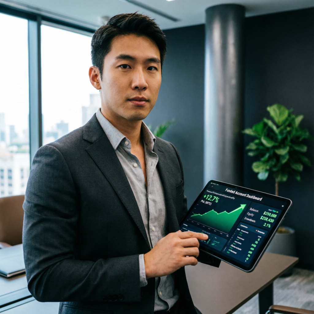 Professional trader showing funded account dashboard on tablet