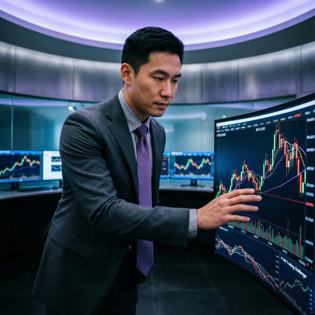 Trader analyzing FTMO challenge on curved monitor