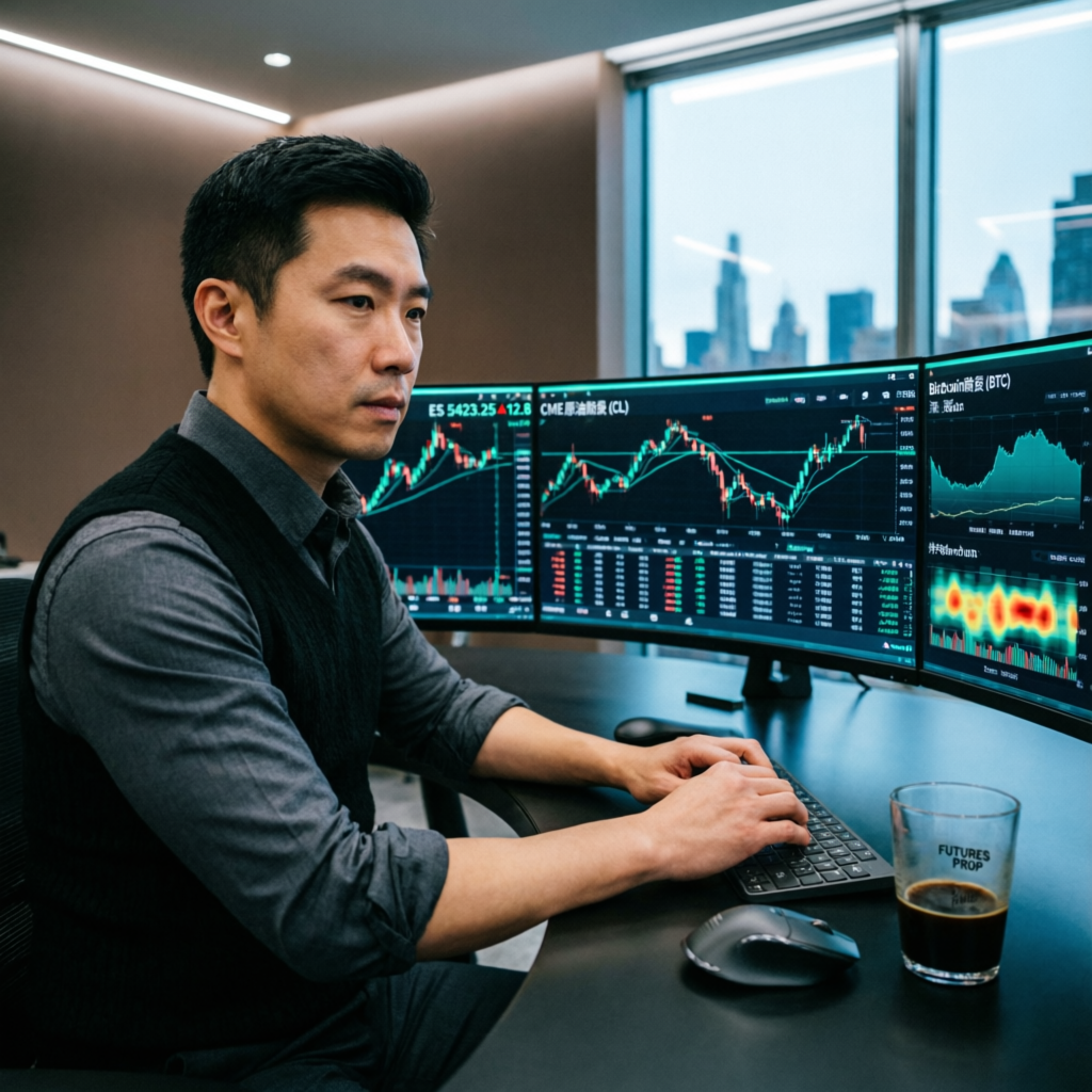 Professional futures trading setup with multiple charts and data feeds