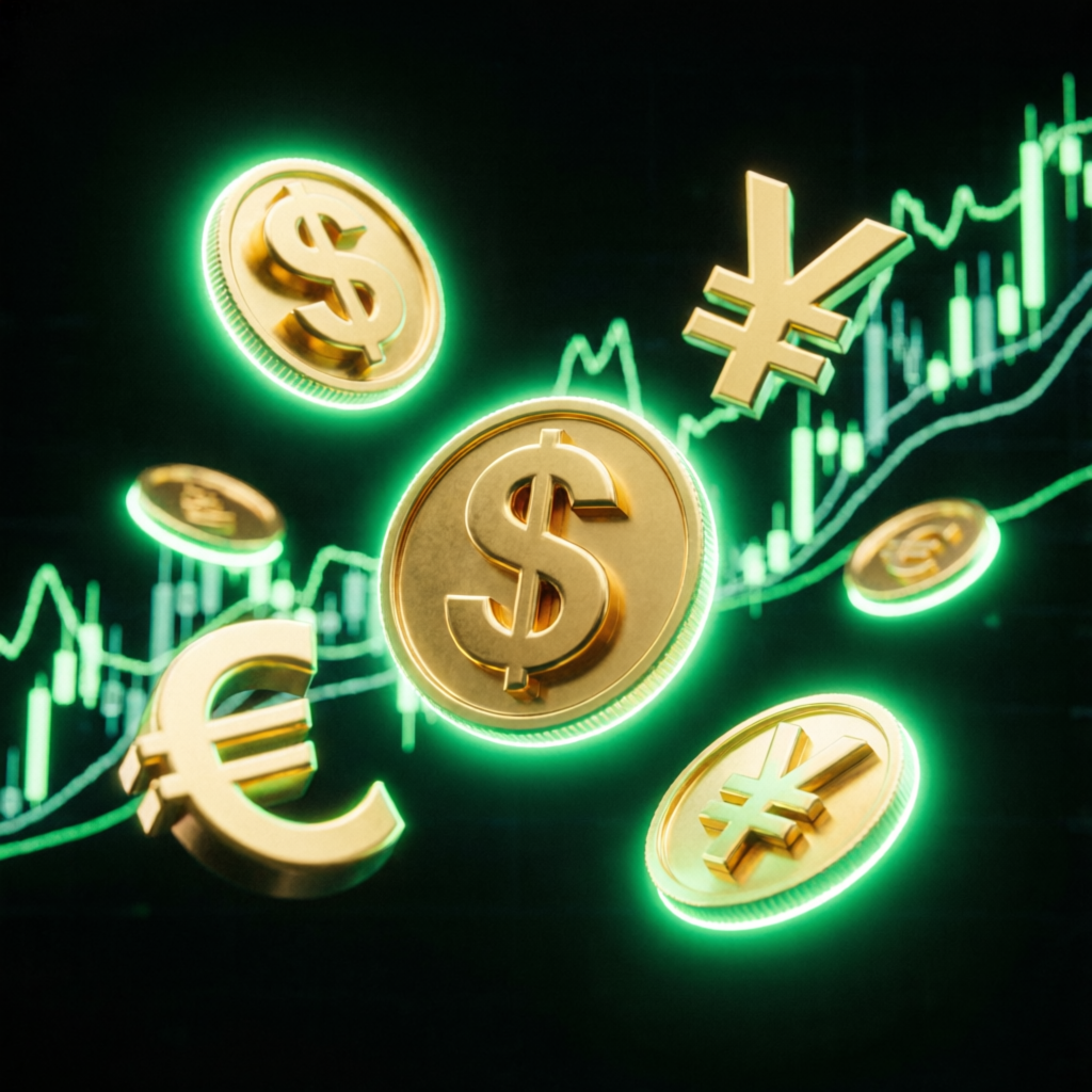 Golden coins and currency symbols representing Topstep account sizes and trading capital