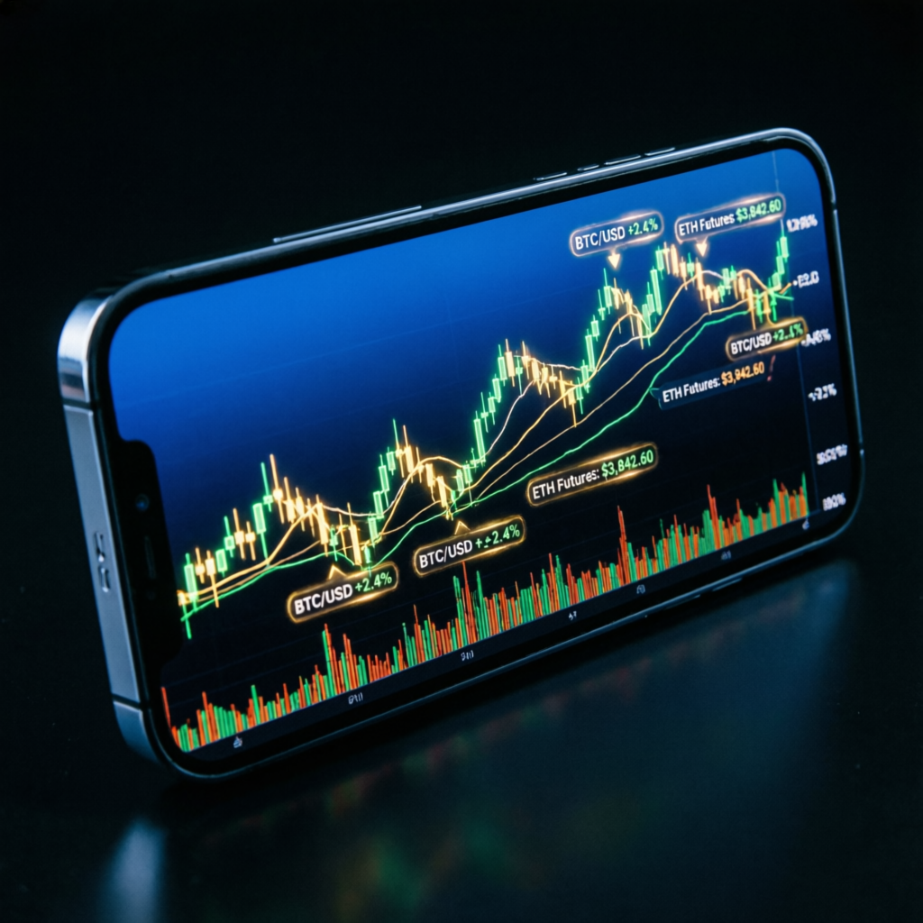 Mobile phone showing trading app with futures charts for Topstep mobile trading